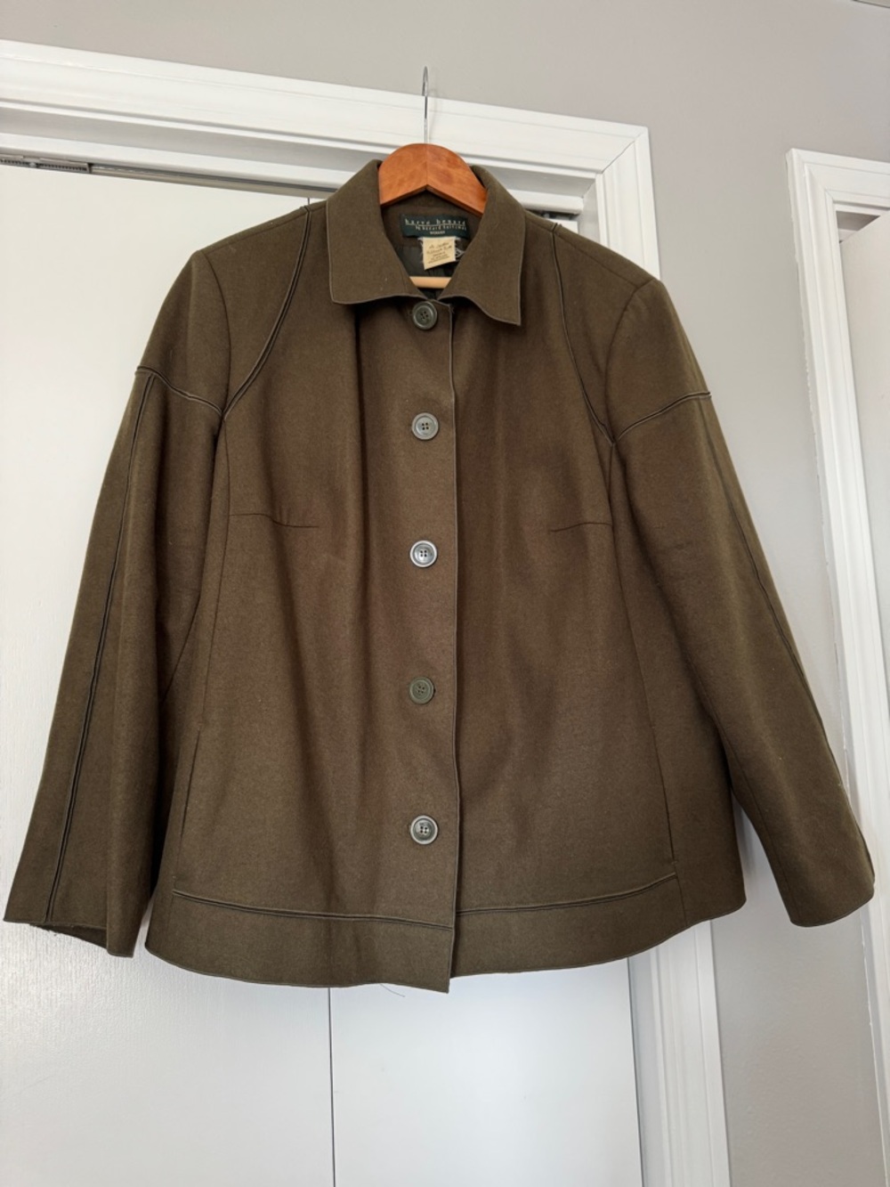 VTG Harvé Benard Wool Blend Piping Jacket Olive Green Plus 20W Quiet Luxury Chic